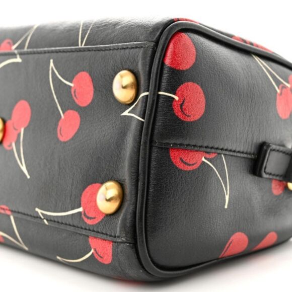 Auth Saint Laurent Calfskin Cherry Print 2way Classic Baby Duffle Bag Black Red - Picture 12 of 15